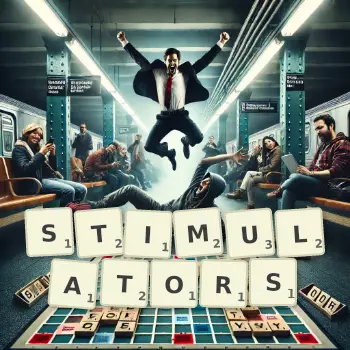 Kreative Illustration für ein Scrabble-Spiel, bei dem das Wort STIMULATORS mit Steinen auf dem Brett gelegt wurde.