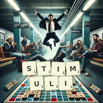 Kreative Illustration für ein Scrabble-Spiel, bei dem das Wort STIMULI mit Steinen auf dem Brett gelegt wurde.