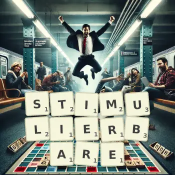 Kreative Illustration für ein Scrabble-Spiel, bei dem das Wort STIMULIERBARE mit Steinen auf dem Brett gelegt wurde.