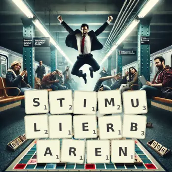 Kreative Illustration für ein Scrabble-Spiel, bei dem das Wort STIMULIERBAREN mit Steinen auf dem Brett gelegt wurde.