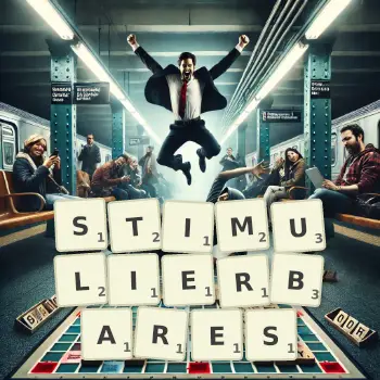 Kreative Illustration für ein Scrabble-Spiel, bei dem das Wort STIMULIERBARES mit Steinen auf dem Brett gelegt wurde.