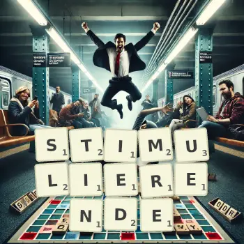 Kreative Illustration für ein Scrabble-Spiel, bei dem das Wort STIMULIERENDE mit Steinen auf dem Brett gelegt wurde.