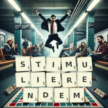 Kreative Illustration für ein Scrabble-Spiel, bei dem das Wort STIMULIERENDEM mit Steinen auf dem Brett gelegt wurde.