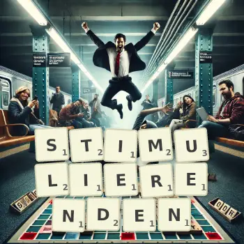 Kreative Illustration für ein Scrabble-Spiel, bei dem das Wort STIMULIERENDEN mit Steinen auf dem Brett gelegt wurde.