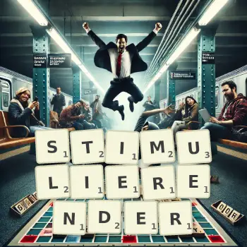 Kreative Illustration für ein Scrabble-Spiel, bei dem das Wort STIMULIERENDER mit Steinen auf dem Brett gelegt wurde.
