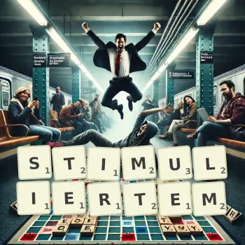 Kreative Illustration für ein Scrabble-Spiel, bei dem das Wort STIMULIERTEM mit Steinen auf dem Brett gelegt wurde.