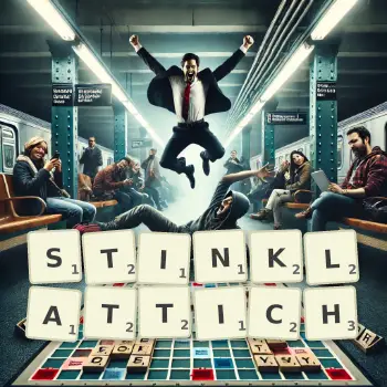 Kreative Illustration für ein Scrabble-Spiel, bei dem das Wort STINKLATTICH mit Steinen auf dem Brett gelegt wurde.