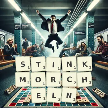 Kreative Illustration für ein Scrabble-Spiel, bei dem das Wort STINKMORCHELN mit Steinen auf dem Brett gelegt wurde.