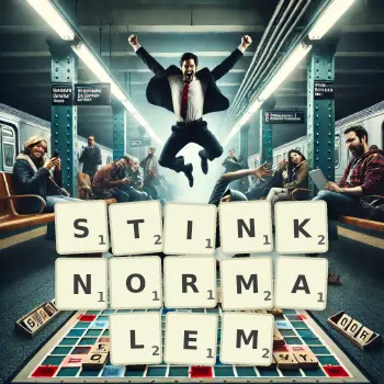 Kreative Illustration für ein Scrabble-Spiel, bei dem das Wort STINKNORMALEM mit Steinen auf dem Brett gelegt wurde.