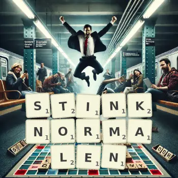 Kreative Illustration für ein Scrabble-Spiel, bei dem das Wort STINKNORMALEN mit Steinen auf dem Brett gelegt wurde.