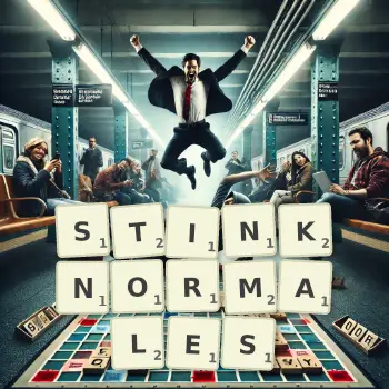 Kreative Illustration für ein Scrabble-Spiel, bei dem das Wort STINKNORMALES mit Steinen auf dem Brett gelegt wurde.
