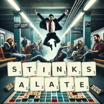 Kreative Illustration für ein Scrabble-Spiel, bei dem das Wort STINKSALATE mit Steinen auf dem Brett gelegt wurde.