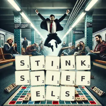 Kreative Illustration für ein Scrabble-Spiel, bei dem das Wort STINKSTIEFELS mit Steinen auf dem Brett gelegt wurde.