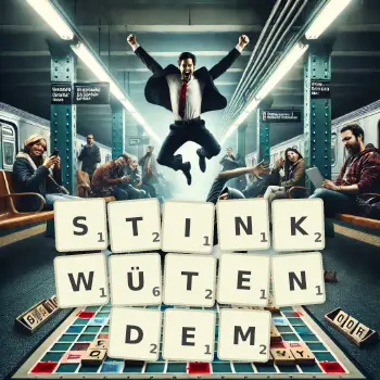 Kreative Illustration für ein Scrabble-Spiel, bei dem das Wort STINKWÜTENDEM mit Steinen auf dem Brett gelegt wurde.
