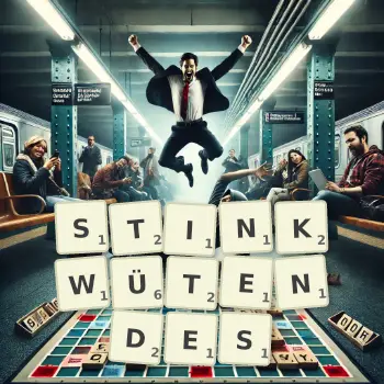 Kreative Illustration für ein Scrabble-Spiel, bei dem das Wort STINKWÜTENDES mit Steinen auf dem Brett gelegt wurde.