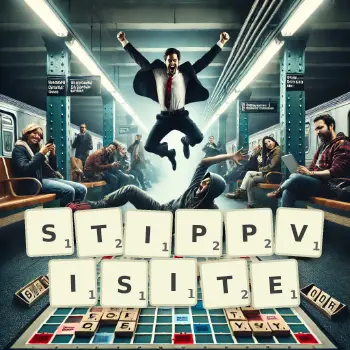 Kreative Illustration für ein Scrabble-Spiel, bei dem das Wort STIPPVISITE mit Steinen auf dem Brett gelegt wurde.