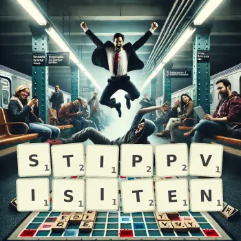 Kreative Illustration für ein Scrabble-Spiel, bei dem das Wort STIPPVISITEN mit Steinen auf dem Brett gelegt wurde.