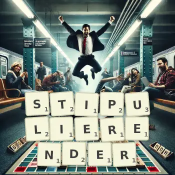 Kreative Illustration für ein Scrabble-Spiel, bei dem das Wort STIPULIERENDER mit Steinen auf dem Brett gelegt wurde.