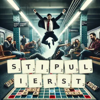 Kreative Illustration für ein Scrabble-Spiel, bei dem das Wort STIPULIERST mit Steinen auf dem Brett gelegt wurde.