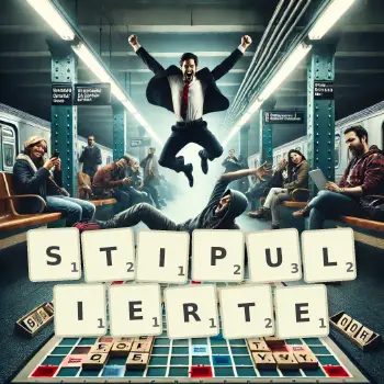 Kreative Illustration für ein Scrabble-Spiel, bei dem das Wort STIPULIERTE mit Steinen auf dem Brett gelegt wurde.