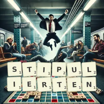 Kreative Illustration für ein Scrabble-Spiel, bei dem das Wort STIPULIERTEN mit Steinen auf dem Brett gelegt wurde.