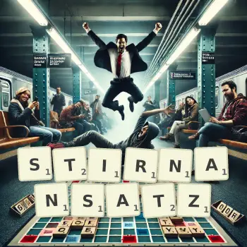 Kreative Illustration für ein Scrabble-Spiel, bei dem das Wort STIRNANSATZ mit Steinen auf dem Brett gelegt wurde.