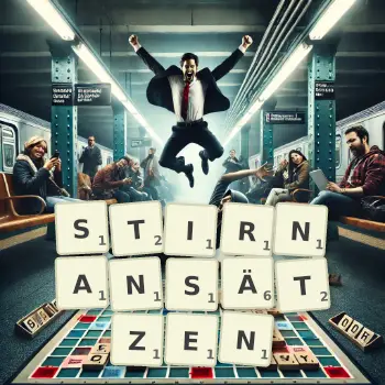 Kreative Illustration für ein Scrabble-Spiel, bei dem das Wort STIRNANSÄTZEN mit Steinen auf dem Brett gelegt wurde.