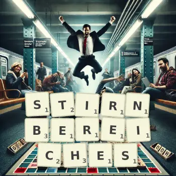 Kreative Illustration für ein Scrabble-Spiel, bei dem das Wort STIRNBEREICHES mit Steinen auf dem Brett gelegt wurde.