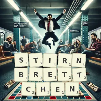 Kreative Illustration für ein Scrabble-Spiel, bei dem das Wort STIRNBRETTCHEN mit Steinen auf dem Brett gelegt wurde.