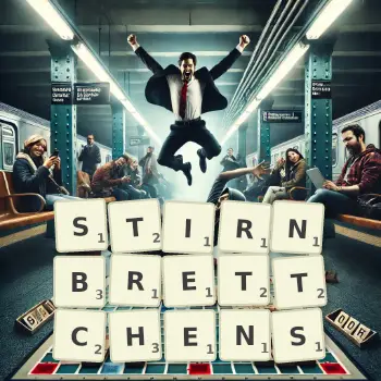 Kreative Illustration für ein Scrabble-Spiel, bei dem das Wort STIRNBRETTCHENS mit Steinen auf dem Brett gelegt wurde.