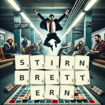 Kreative Illustration für ein Scrabble-Spiel, bei dem das Wort STIRNBRETTERN mit Steinen auf dem Brett gelegt wurde.
