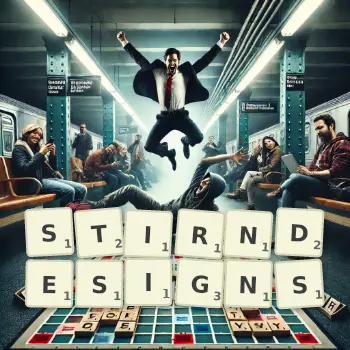 Kreative Illustration für ein Scrabble-Spiel, bei dem das Wort STIRNDESIGNS mit Steinen auf dem Brett gelegt wurde.