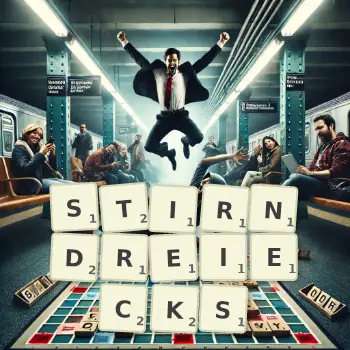 Kreative Illustration für ein Scrabble-Spiel, bei dem das Wort STIRNDREIECKS mit Steinen auf dem Brett gelegt wurde.