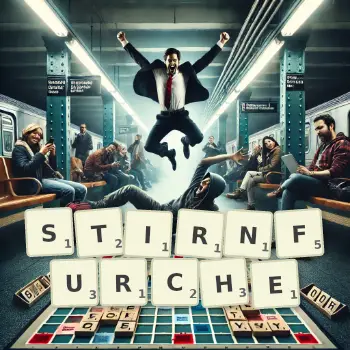 Kreative Illustration für ein Scrabble-Spiel, bei dem das Wort STIRNFURCHE mit Steinen auf dem Brett gelegt wurde.