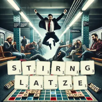 Kreative Illustration für ein Scrabble-Spiel, bei dem das Wort STIRNGLATZE mit Steinen auf dem Brett gelegt wurde.