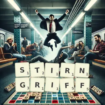 Kreative Illustration für ein Scrabble-Spiel, bei dem das Wort STIRNGRIFF mit Steinen auf dem Brett gelegt wurde.