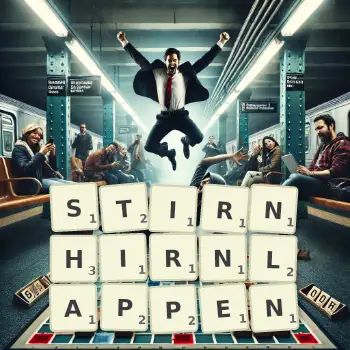 Kreative Illustration für ein Scrabble-Spiel, bei dem das Wort STIRNHIRNLAPPEN mit Steinen auf dem Brett gelegt wurde.