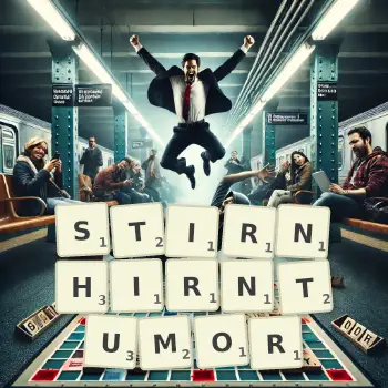 Kreative Illustration für ein Scrabble-Spiel, bei dem das Wort STIRNHIRNTUMOR mit Steinen auf dem Brett gelegt wurde.