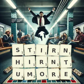 Kreative Illustration für ein Scrabble-Spiel, bei dem das Wort STIRNHIRNTUMORE mit Steinen auf dem Brett gelegt wurde.