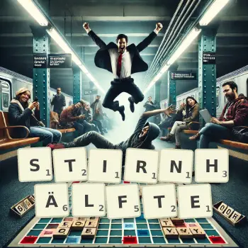 Kreative Illustration für ein Scrabble-Spiel, bei dem das Wort STIRNHÄLFTE mit Steinen auf dem Brett gelegt wurde.