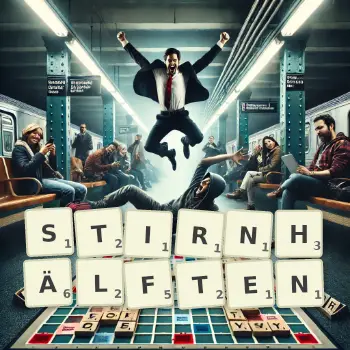 Kreative Illustration für ein Scrabble-Spiel, bei dem das Wort STIRNHÄLFTEN mit Steinen auf dem Brett gelegt wurde.