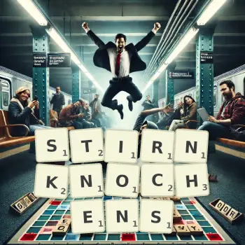 Kreative Illustration für ein Scrabble-Spiel, bei dem das Wort STIRNKNOCHENS mit Steinen auf dem Brett gelegt wurde.