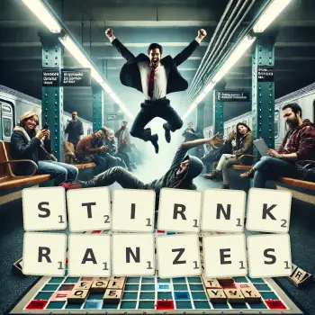 Kreative Illustration für ein Scrabble-Spiel, bei dem das Wort STIRNKRANZES mit Steinen auf dem Brett gelegt wurde.