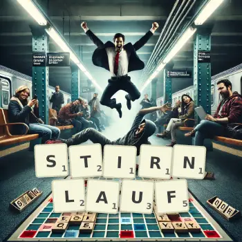 Kreative Illustration für ein Scrabble-Spiel, bei dem das Wort STIRNLAUF mit Steinen auf dem Brett gelegt wurde.