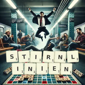 Kreative Illustration für ein Scrabble-Spiel, bei dem das Wort STIRNLINIEN mit Steinen auf dem Brett gelegt wurde.