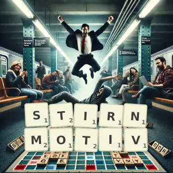 Kreative Illustration für ein Scrabble-Spiel, bei dem das Wort STIRNMOTIV mit Steinen auf dem Brett gelegt wurde.