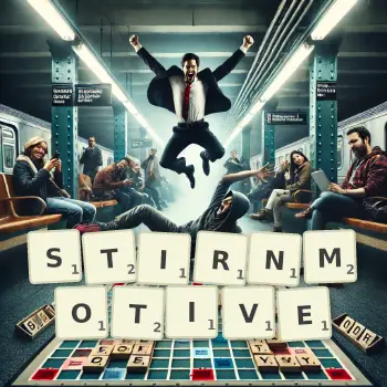 Kreative Illustration für ein Scrabble-Spiel, bei dem das Wort STIRNMOTIVE mit Steinen auf dem Brett gelegt wurde.
