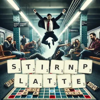 Kreative Illustration für ein Scrabble-Spiel, bei dem das Wort STIRNPLATTE mit Steinen auf dem Brett gelegt wurde.