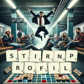 Kreative Illustration für ein Scrabble-Spiel, bei dem das Wort STIRNPROFIL mit Steinen auf dem Brett gelegt wurde.