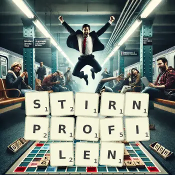 Kreative Illustration für ein Scrabble-Spiel, bei dem das Wort STIRNPROFILEN mit Steinen auf dem Brett gelegt wurde.